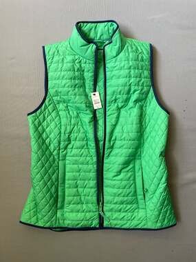 Talbots Women's Green Diamond Quilted Puffer Vest with Navy Trim